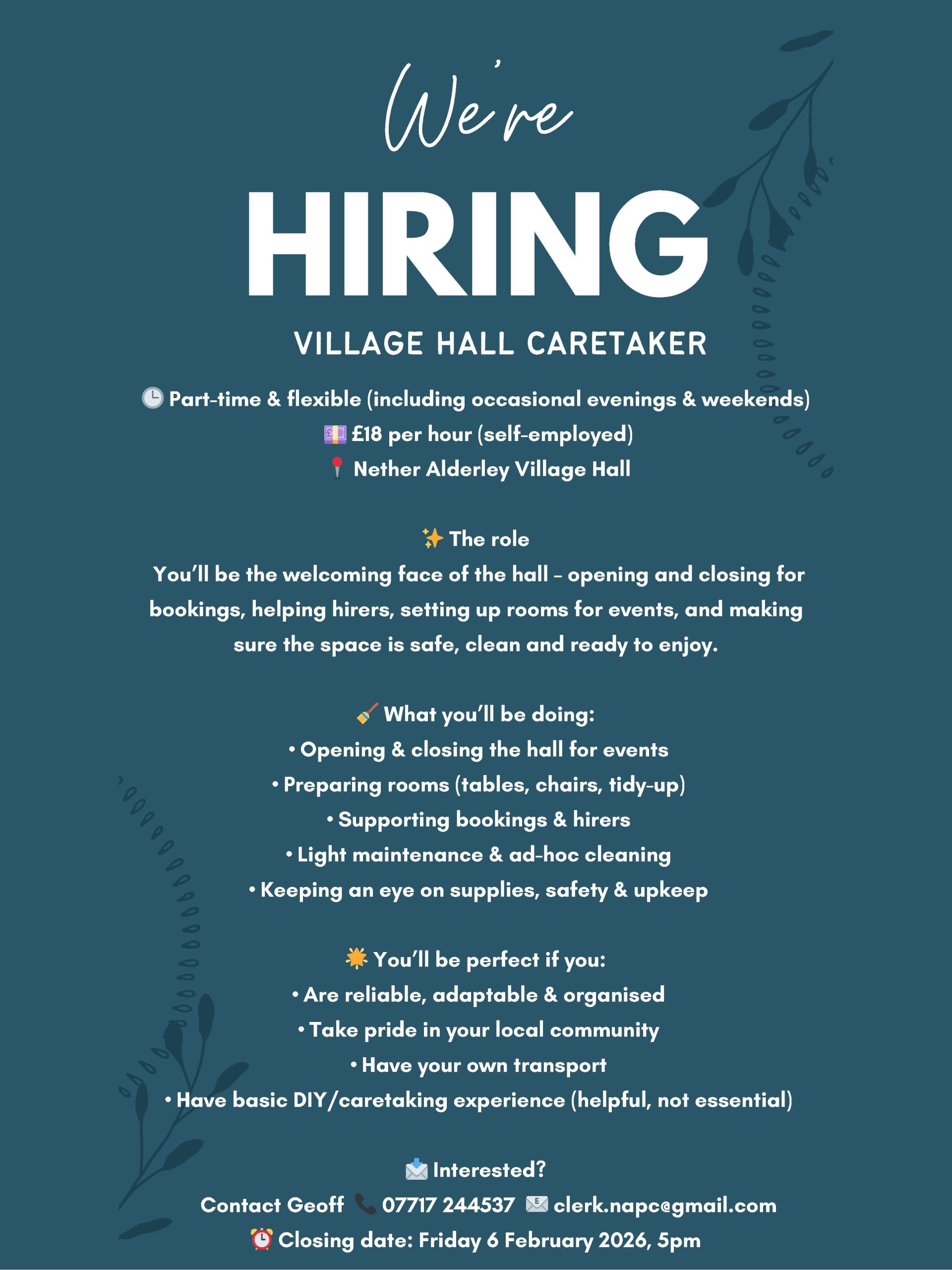 We are Recruiting a Caretaker for the Nether Alderley Village Hall